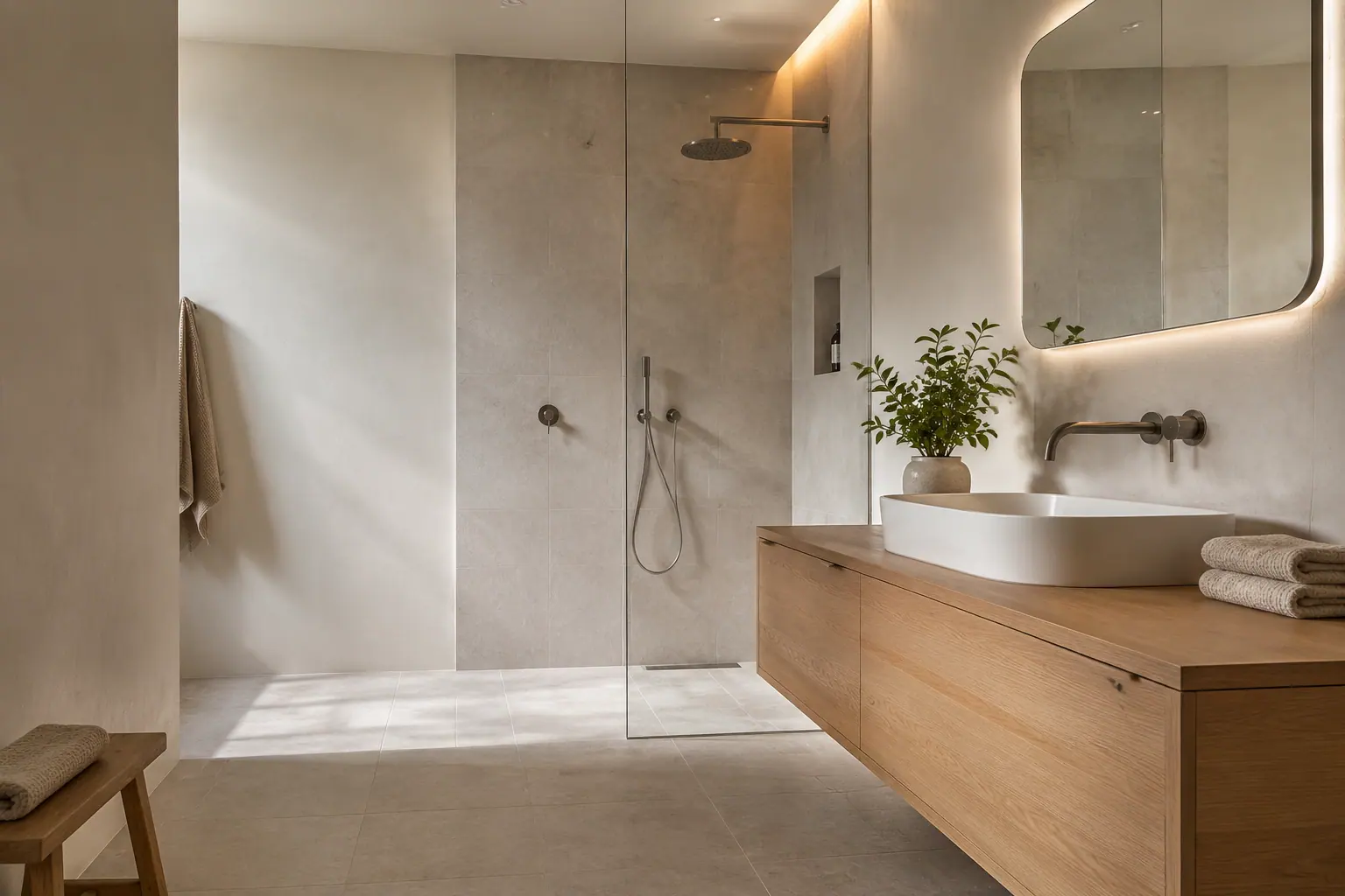 Modern renoviertes Badezimmer mit Naturstein, Holzwaschtisch und bodengleicher Dusche