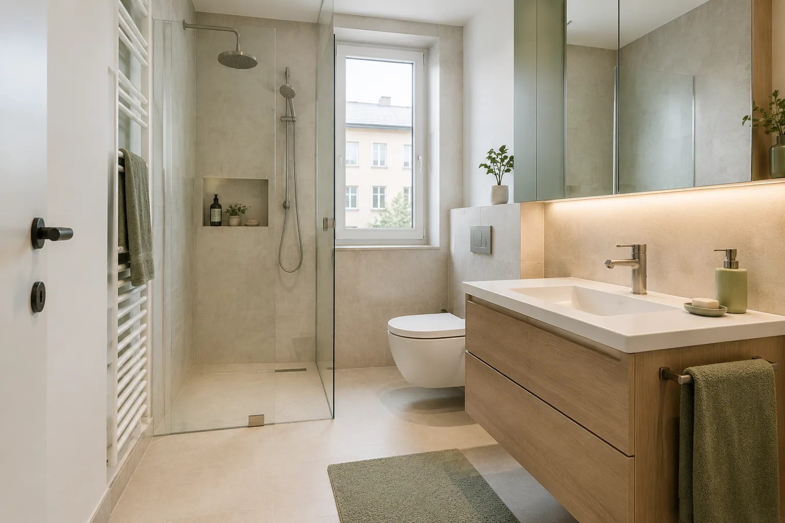 Renoviertes Badezimmer mit Naturstein und neuer Dusche – Inspiration für Badrenovation in Cham
