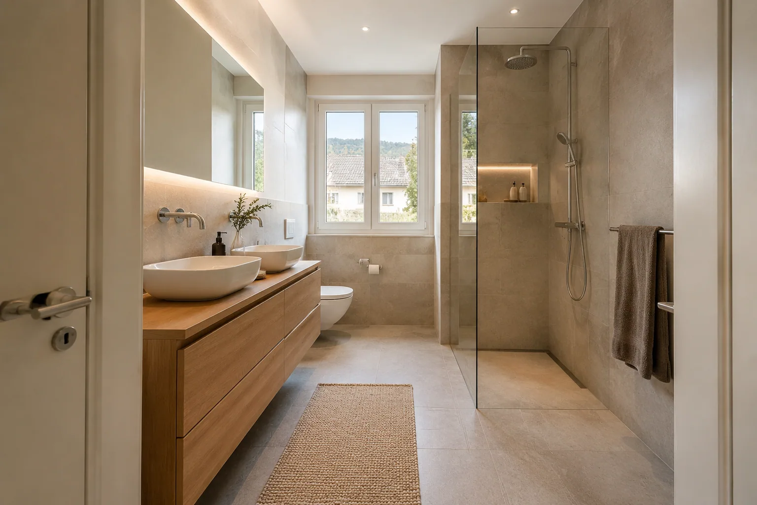 Modernes Komplettbad mit Walk-in-Dusche und Waschtisch – Inspiration für Badumbau in Cham