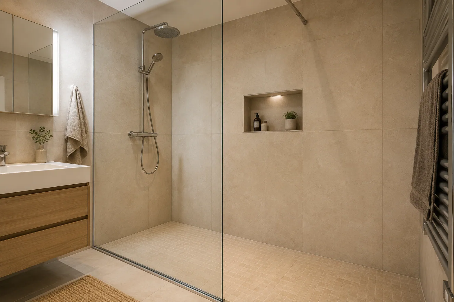 Bodengleiche Walk-in-Dusche mit rahmenloser Glaswand – Inspiration für Dusche renovieren in Arbon