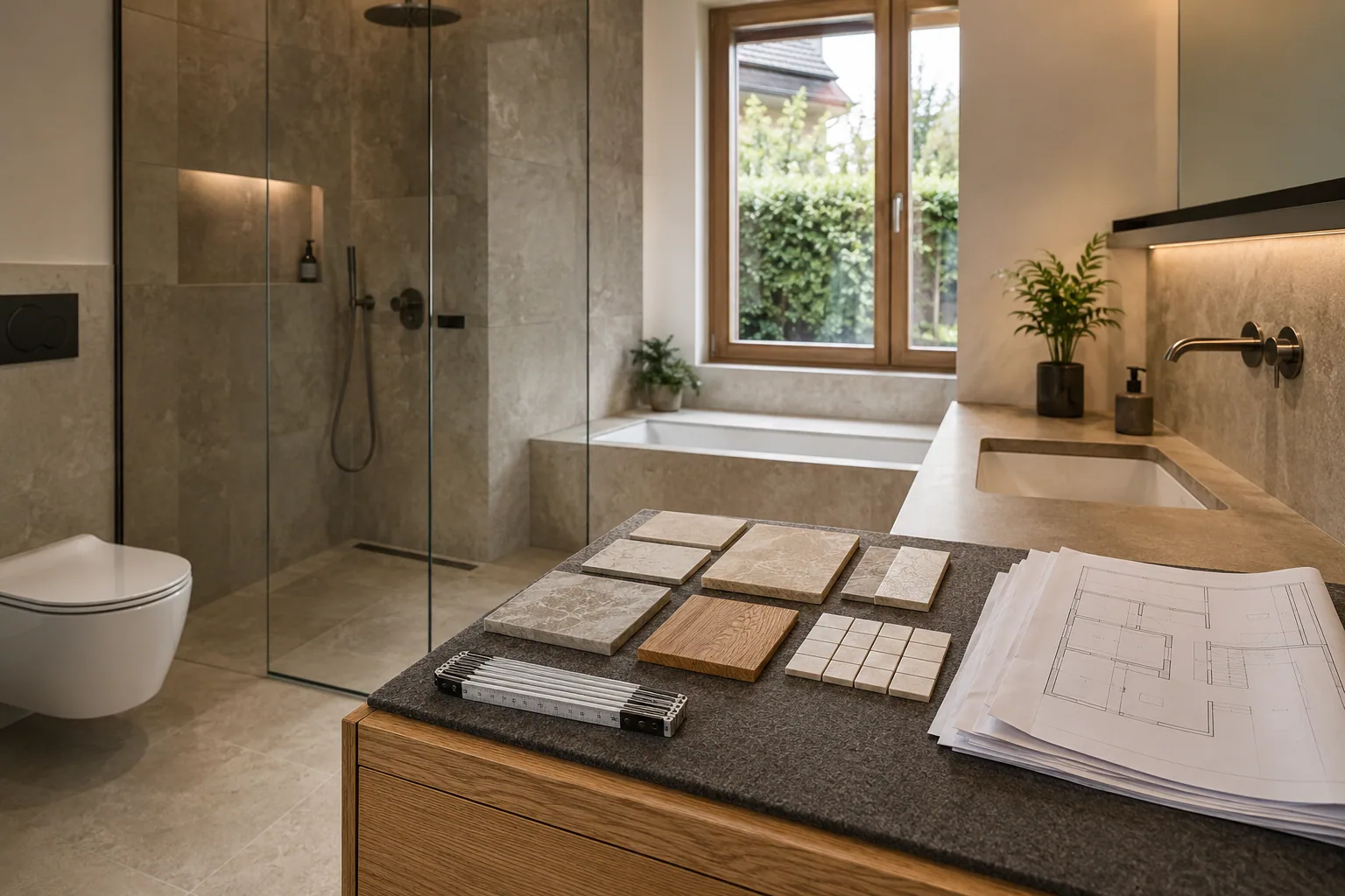 Professionelle Badplanung mit Materialmustern und Ausführungsplan – Inspiration für Umbaufirma in Cham